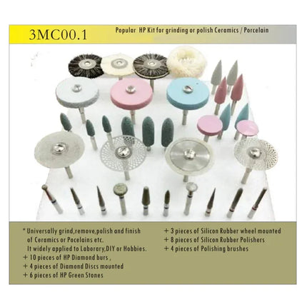 35Pcs/Set Dental Lab Polishing HP Kit Ceramic Porcelain Grinding Dentist Tool Diamond Burs Brush Material