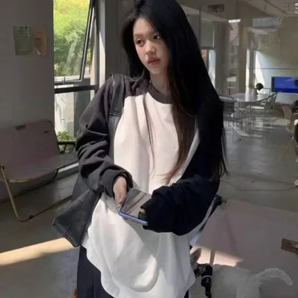 Casual Oversized T-Shirt Y2K Tops Harajuku Long Sleeve O-Neck T-Shirts Spring Autumn Black White Patchwork Tees Women Streetwear
