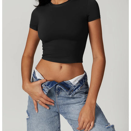 Solid color women's soft breathable yoga short-sleeved comprehensive training tight T-shirt with exposed belly button fitness sh