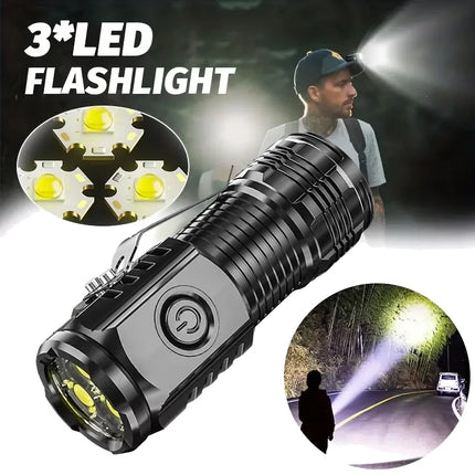 Portable Mini LED Flashlight Powerful 3*Wick Small Pocket Torch USB Rechargeable Strong Light Lantern Super Bright Cap Clip Lamp