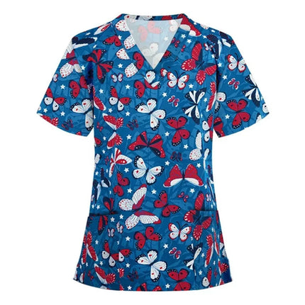 Womens T-Shirts Medical Nursing Uniform Clinical Uniform Woman V-Neck Short Sleeve T Shirt Tops With Pocket Women's Clothing