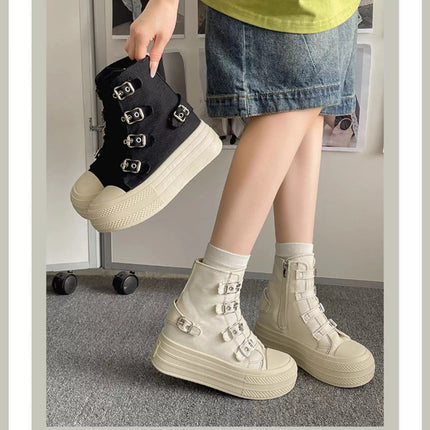 CHABELLA Women's High Top Canvas Shoe Design Buckle Strap Zip Simplicity Female Shoes 2025 High Street Grace Walking Shoes