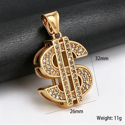 Bling Stainless Steel Dollar Sign Pendant Necklace for Women Men Punk Crystal Charms Chain Money Symbol Jewelry Accessories Gift