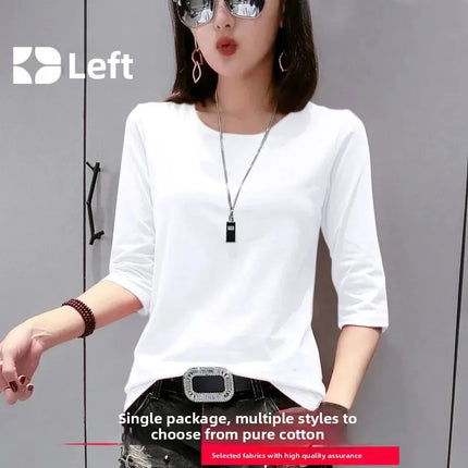 High-End Pure Cotton T-Shirt Women's Summer 3/4 Sleeve 2025 New Korean Style Fashionable Simple Slimming Top Body Shirt