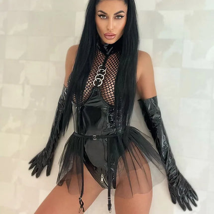 Tornova Sexy Female Lingerie Patent Leather Patchwork Mesh Hollow Out See-through Interesting Garters Women's Underwear Jumpsuit