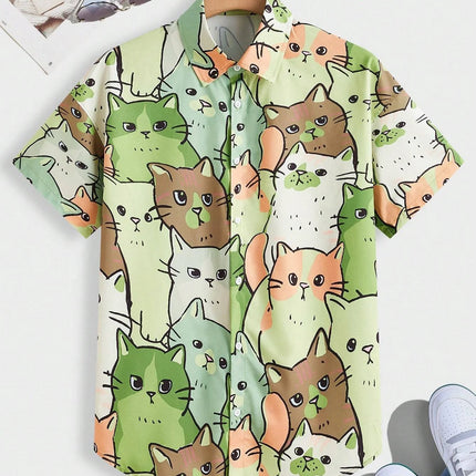 2026 New Fashionable Hawaiian Men's Cute Cat Printed Casual Harajuku Short Sleeved Shirt