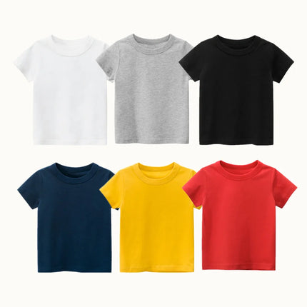 2024 Summer Girls Boys Solid T-Shirts Clothes 100% Pure Cotton Short Sleeve Yellow Red Green Kids UnderShirt Bottoming Clothing