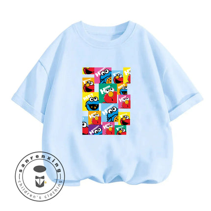 2026 Summer Cute Kawaii Sesame Street Crew Neck Tshirt 3-14Y Kids Boys Girls Cartoon Street Hot Fashion Outdoor Casual