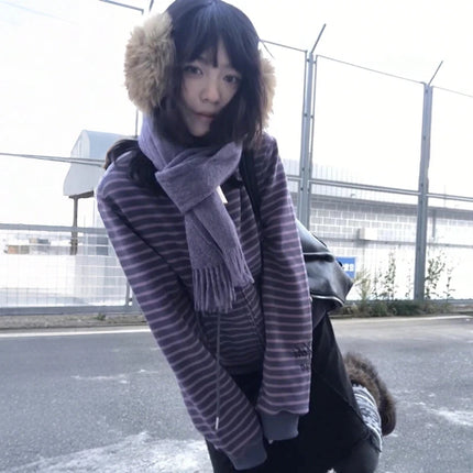Japan Retro Harajuku Spring Autumn Y2K Purple Striped Cardigan Casual Street Women Coat Harajuku Punk Zipper Loose Sweatshirt