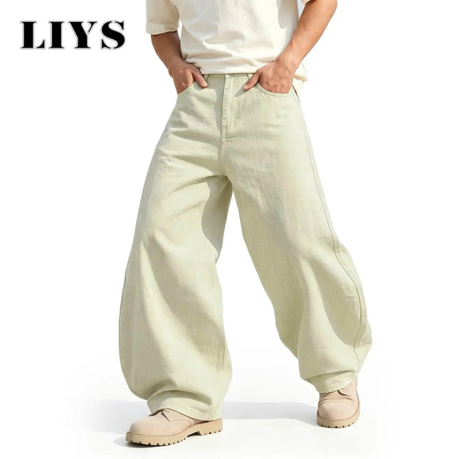LIYS Men's American Beige Loose Wide Leg Jeans High Waisted Streetwear Hip-Hop Fashion Loose Denim Pants Y2K Retro Casual Pants