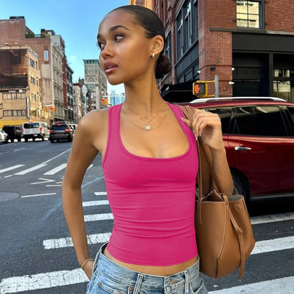 Hugcitar 2025 Summer Solid Straps Sexy Slim Crop Tank Top Women Casual Y2K Clothes Streetwear Party Sport Festival Wholesale