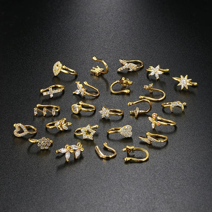 Fake Piercing Clip Nose Ring Cuff Body Jewelry for Women New Trend 1PCS Ear Cuffs Heart Star Flowers Butterfly Clip Rings KAE197