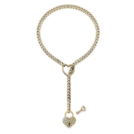 Womens Heart Slip Chain Necklace for Women with Rainstone Lock and Key Cuban Link Chunky Punk Rock Stainless Steel Choker