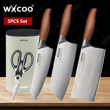 WXCOO Stainless Steel Chef Knife Household Kitchen Knife Laser Damascus Pattern Slicing Scissors Cleaver Fruit Knife Holder