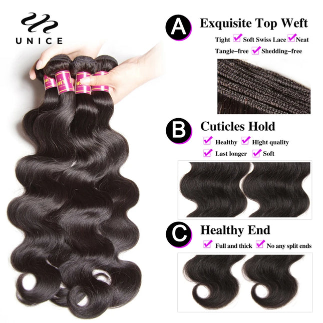 UNice Body Wave Bundles Natural Color 100% Human Hair Bundles Sew-in Quick Weaves Virgin Hair 1/3/4 Bundles Deal