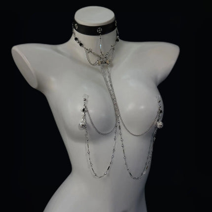 Women's Erotic Collar with Chain and Nipple Clamps in One Piece Tassels Cross/Skull Charms Goth BDSM Body Jewelry Adult Sextoy