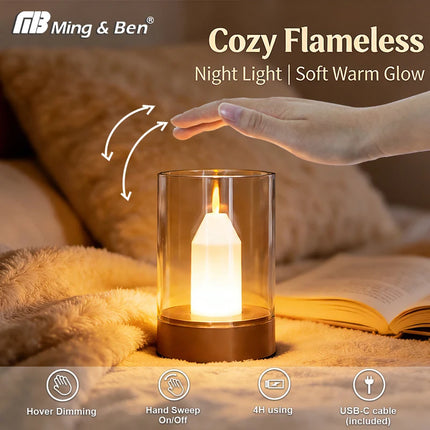 LED Night Light Rechargeable Flameless Candle Motion Sensor Dimmable USB Charging Soft Warm  Bedroom Portable Table Bedside Lamp