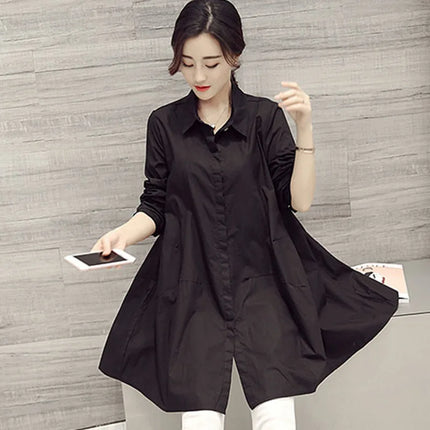 White Shirt Layering Loose Bum Covering Long Sleeve Thin Womens Plus Size Casual Top Oversized Tunic medium length Dames Blouse