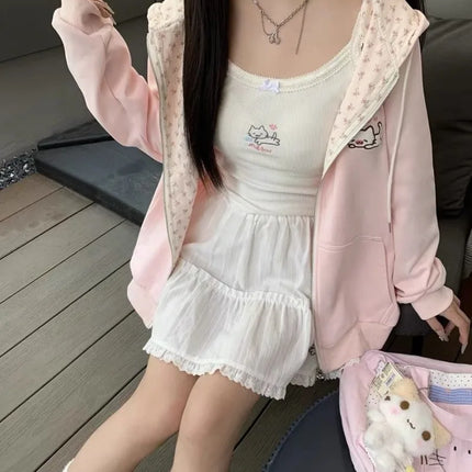 Y2k Hoodies Green Kawaii Cat Floral Print Hooded Zip-up Woman Sweatshirts Pink Thin Jacket Spring Fall Clothes Cute Streetwear