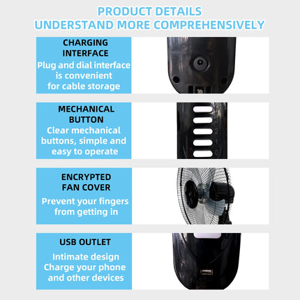 Solar Powered Floor Fan 6 - 12H Runtime3 Speed Adjustable Portable Floor Fan for Home Blackout Emergency USB Port & Night Light