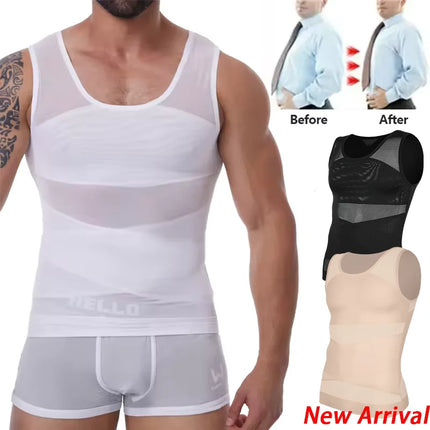 Compression Shirt for Men Slimming Undershirt Body Shaper Tank Top Gynecomastia Sleeveless Shapewear Vest Mesh Cross Suit 3XL