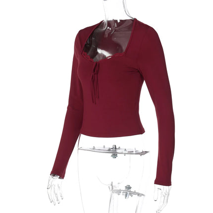 Hugcitar Elegant Long Sleeve Solid Patchwork Lace Bandage Sexy Crop T-Shirt Top Slim Fall Women Clothes Birthday Party Festival