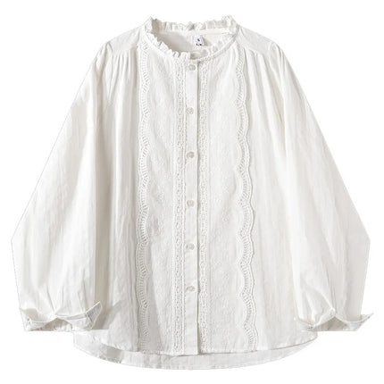 Solid Shirt Women Spring Ruffles Embroidery Lace Decoration Japan Style Long Sleeve Sweet Lovely Loose All-match Single Breasted