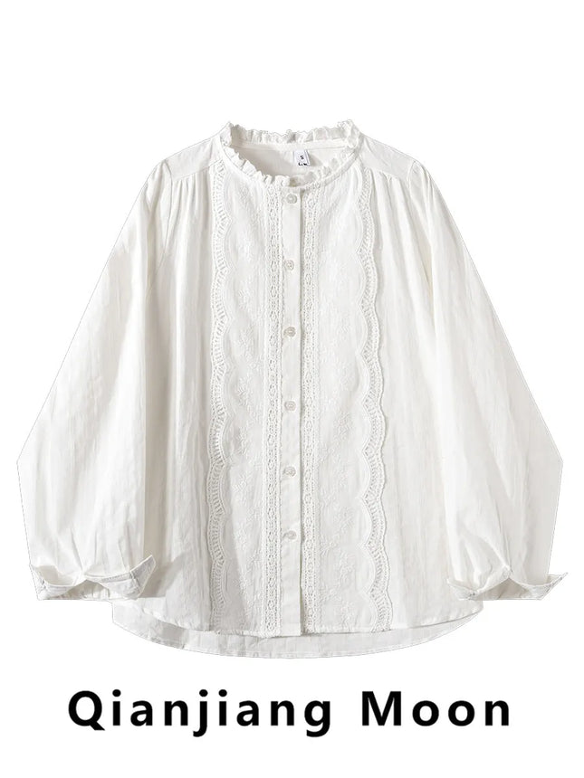 Solid Shirt Women Spring Ruffles Embroidery Lace Decoration Japan Style Long Sleeve Sweet Lovely Loose All-match Single Breasted