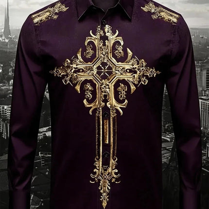 New men's gold printed shirt, soft fabric, comfortable, luxurious, high-quality, long sleeved button up party dress shirt