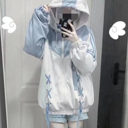 Zip Up Hoodies Spring Autumn Kawaii Zip-up Thin Coat Y2k Hooded Shirt Blue Women's Sweatshirts Zip Up Fall Clothes 2024 Women