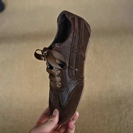 Suede Retro Lace Up Casual Flat Shoes Women Comfort Shallow Autumn Footwear Female Brown Genuine Leather Ballet Sneakers Women