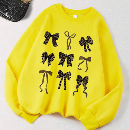 Retro Leopard Print Bow Printed Women Hoodies All-Match Fleece Casual Clothes Street Pullover Winter Autumn Woman Clothing