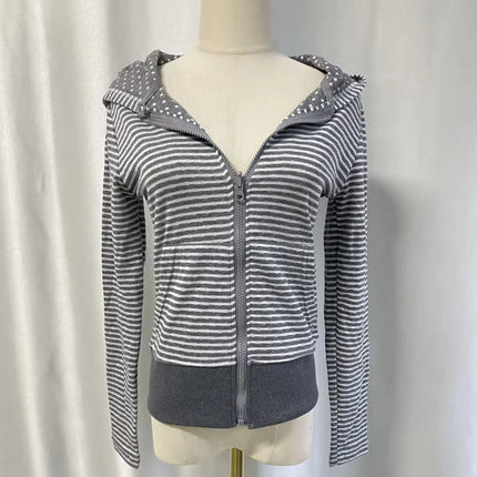 American Streetwear Striped Hooded Sweatshirt Autumn New Slim Fit Short Cardigan Fashion Casual Long Sleeve Coat Women