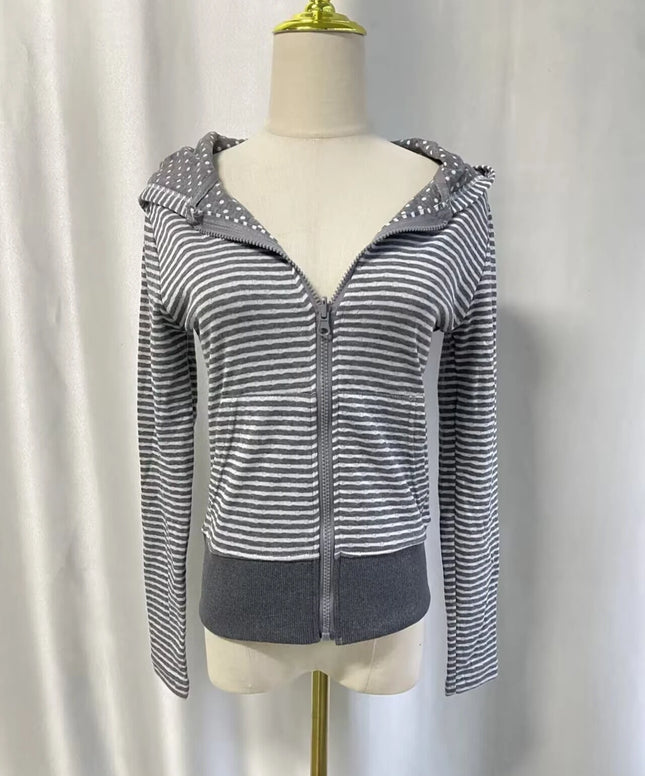 American Streetwear Striped Hooded Sweatshirt Autumn New Slim Fit Short Cardigan Fashion Casual Long Sleeve Coat Women