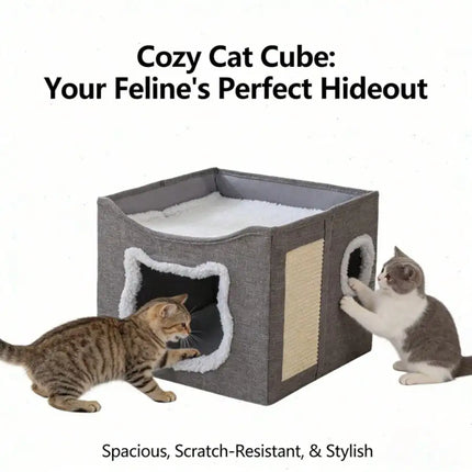 4-Season Multi-Level Cat House: Foldable Indoor Play Cube with 2-Layer Bed, Toy Tunnel, Scratching Board, Climbing Rope, Soft Cushions, and Non-Slip Base - Perfect Cat Cave & Warm Bed for Small to Large Cats (Grey）