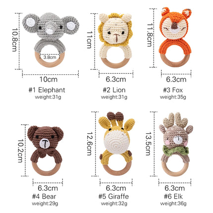 Set of 5 Handmade Crochet Animal Rattles Natural Beech Wood Rings Built in Bell Crisp Sound Teething Fine Motor Skills Baby Gift