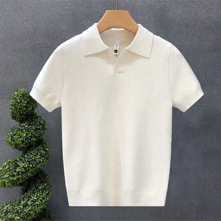 Men's Polo Neck Short Sleeve Knitted Sweater Slim Fit Summer Fashion Turn-down Collar Base Shirt Casual Style Pure Color