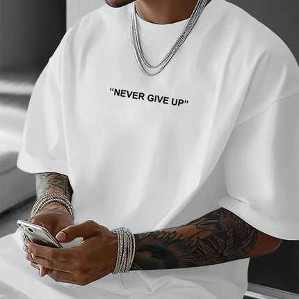 Men's Summer Polyester Fabric Casual Fashion Round Neck T-shirt Never Give Up Pattern Printing Outdoor Loose Top