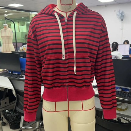 2000s Retro Y2K Grunge Cyber Striped Zip Up Hoodies Harajuku Jackets Coat Outfits Gothic Emo Mall Goth Sweatshirts 2025 Fall