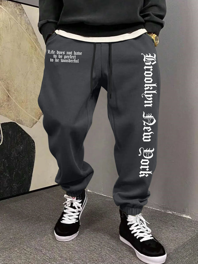 Men's Aesthetic NYC Life Slogan Art Print Sweatpants Elastic Waist Joggers Cozy Daily Hip Hop Street Fashion Bottoms