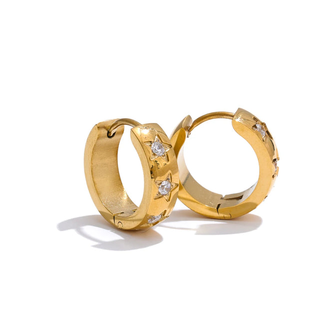 Yhpup Size:16*16mm Zirconia Star Round Daily Hoop Earrings for Women Prevent Allergy Stainless Steel High Quality Chic Jewelry