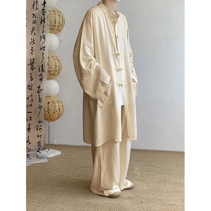 New Chinese Style Men's Shirt and Pants Set Retro Spring Autumn Youth Chinese Style Clothing Polyester Fiber Machine Washable