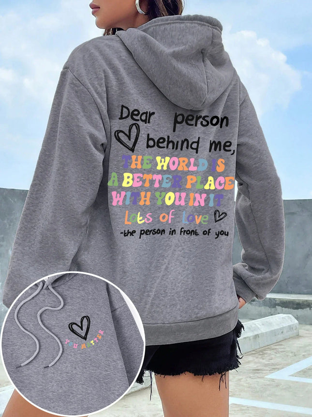 Women Dear Person Behind Me Rainbow Letter Print Hoodie Oversized Soft Fleece Hooded Sweatshirt Men Casual Street Pullover Tops