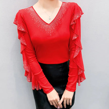 2025 Autumn New Style Mesh Tops Korean Fashion Round Neck Ruffles Shirt Lotus Leaf Edge Hot Diamond Long Sleeve Women T Shirt