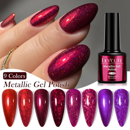 7ml Metallic Gel Nail Polish Red Chrome Effect Soak Off Varnish Semi-Permanent Nails Art Manicure Base Top Coat and Magnetic