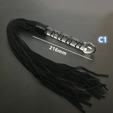 Real Leather Flogger & Glass Whip Set - Crystal Dildo, G-spot Anal Beads, Restraints for Adult BDSM Sex Games