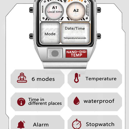 HUMPBUCK DIGITEMP Classic Design Stainless Steel Watches for men with LED Digital Display and Temperature Calendar