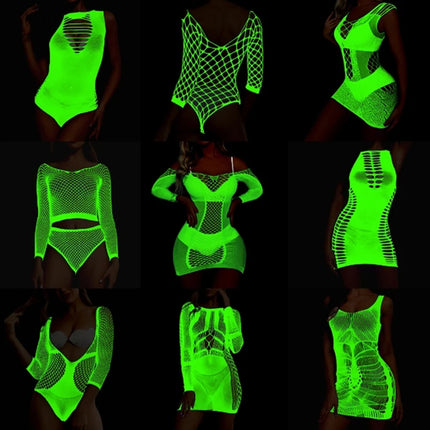 Erotic Underwear Women Lingerie Suspenders Glow-in-the-dark Jacquard Hollowed out Sexy BodyStockings Mesh Costumes Baby Dolls