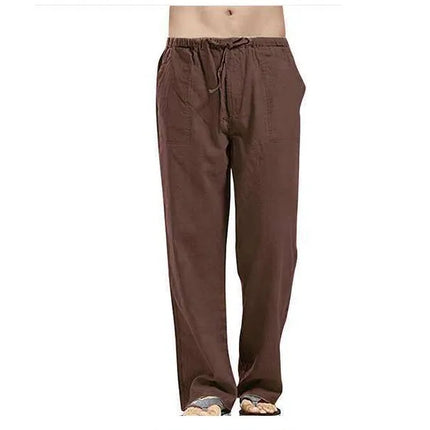 Men's Linen Loose Drawstring Pants Summer Breathable Casual Solid Color Trousers Youth Fashion Street Straight Pants