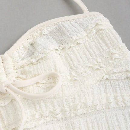 Women's Summer Fashion Casual Apricot Drawstring Neck Knitted Lace Textured Short Halter Neck Lace Up Vest Top